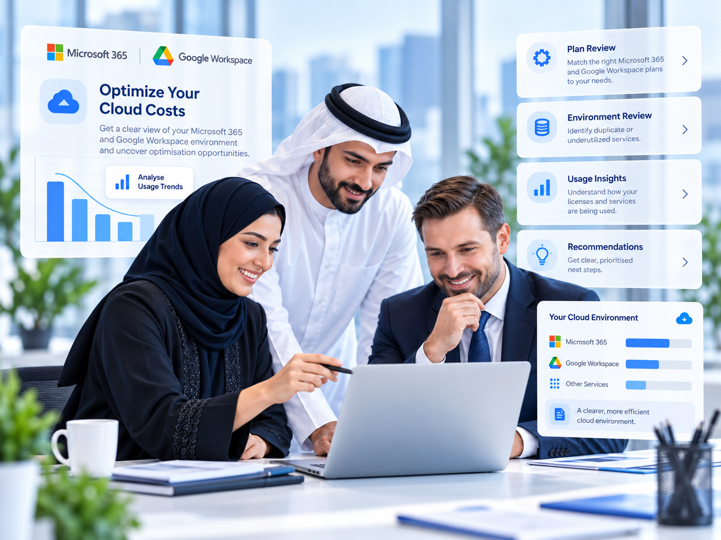 A cloud advisor reviewing Microsoft 365 and Google Workspace cost options with a business client
