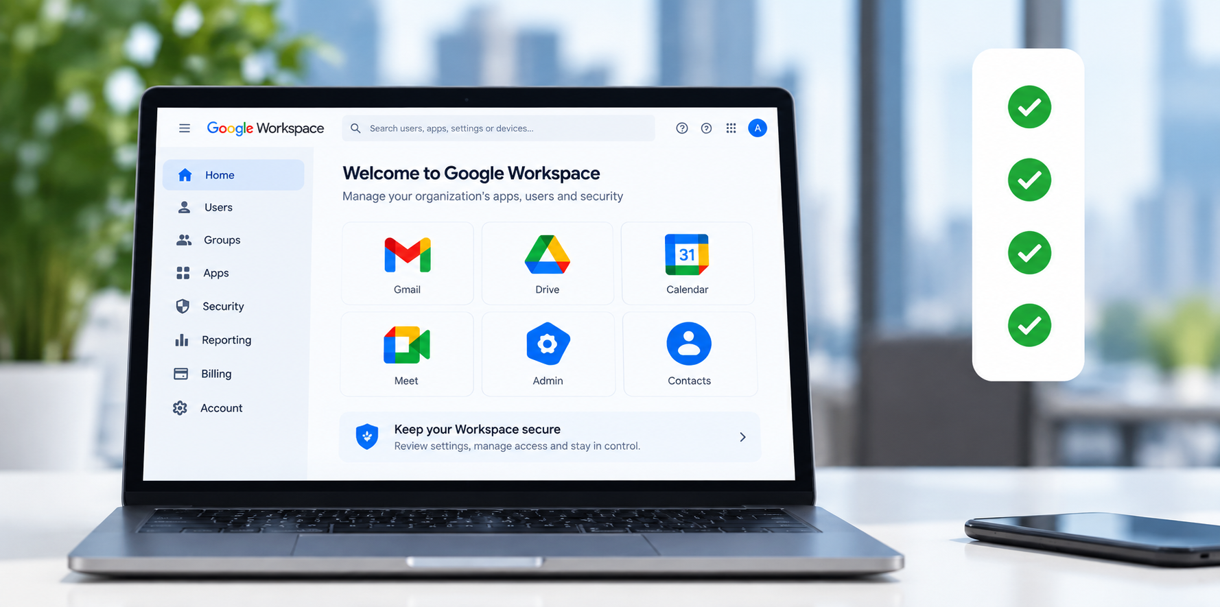 Illustration of Google Workspace security controls and protected business services