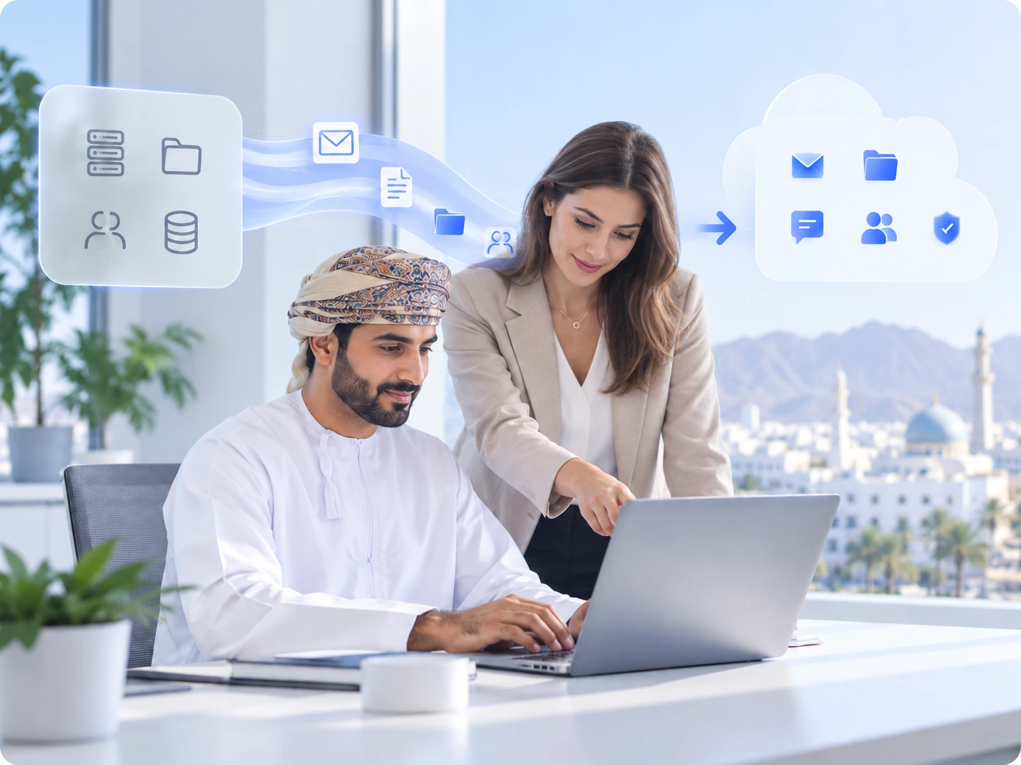 An Omani business professional and a European colleague reviewing a Microsoft 365 migration