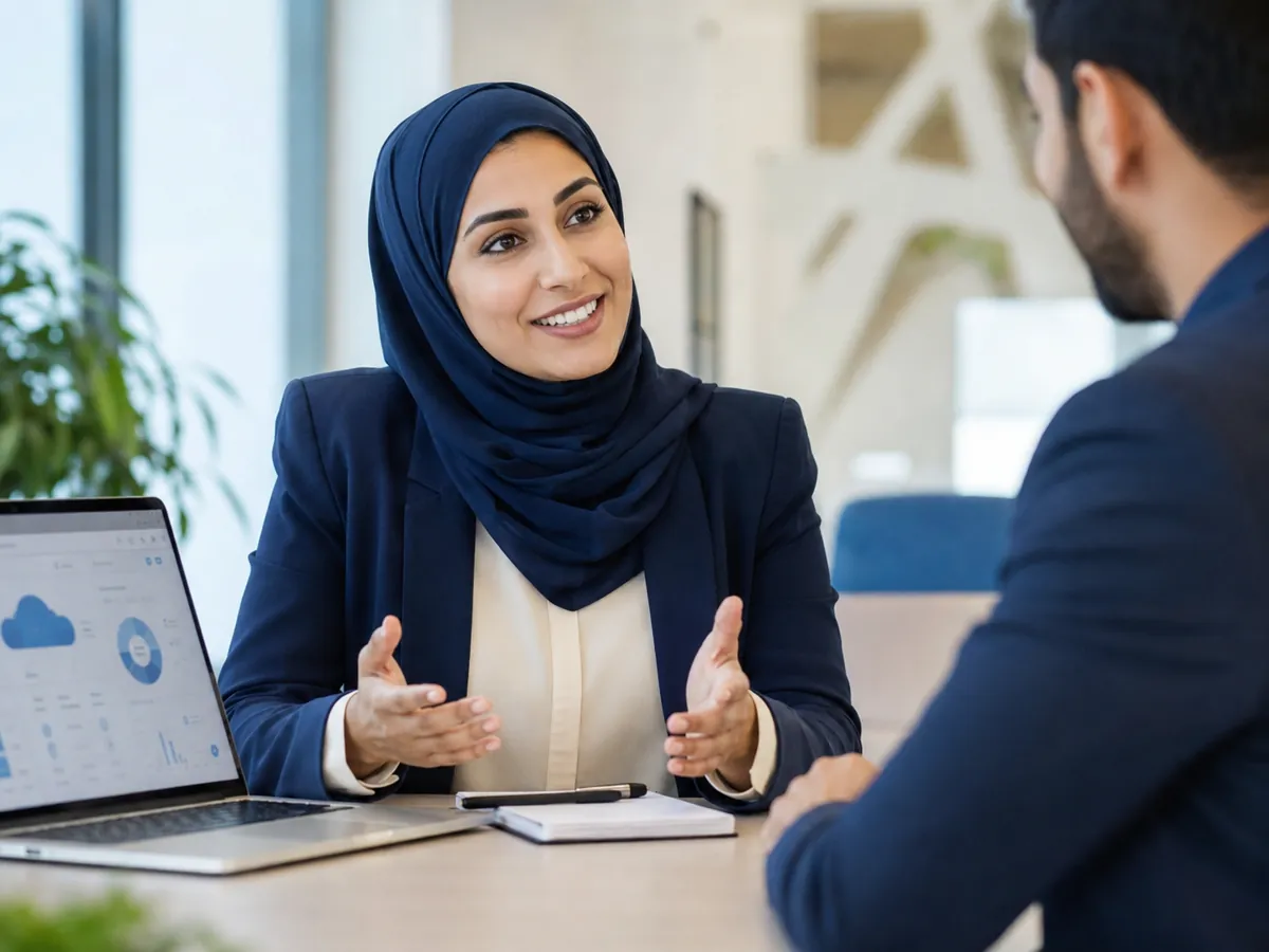 A CDKeySell cloud IT consultant advising a customer during a meeting.