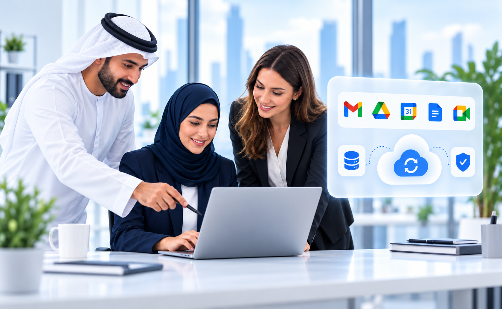 An Arab business team reviewing Google Workspace backup and recovery planning on a laptop