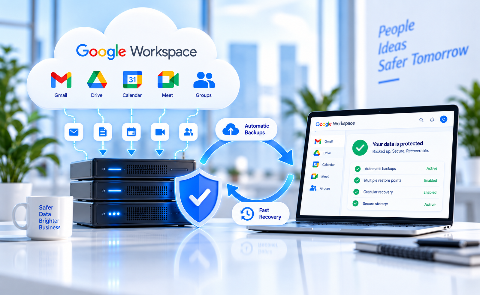 Google Workspace backup and recovery visual showing Gmail, Drive, Calendar, Meet and Groups flowing to a protected backup system
