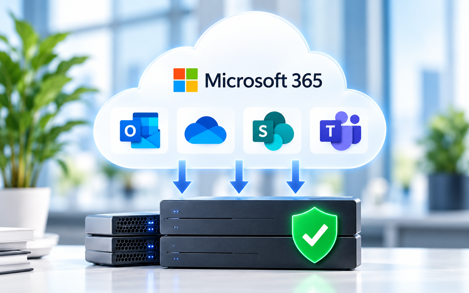 Microsoft 365 cloud data flowing to a backup and recovery system for Exchange Online, OneDrive, SharePoint and Teams