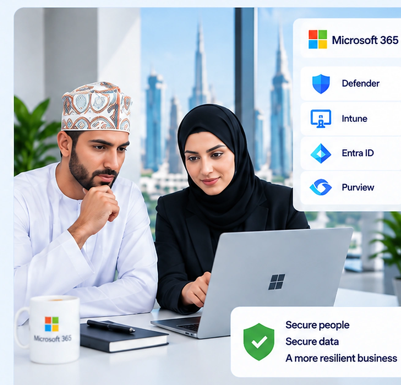 An Omani business professional and an Arab IT consultant reviewing Microsoft 365 security controls